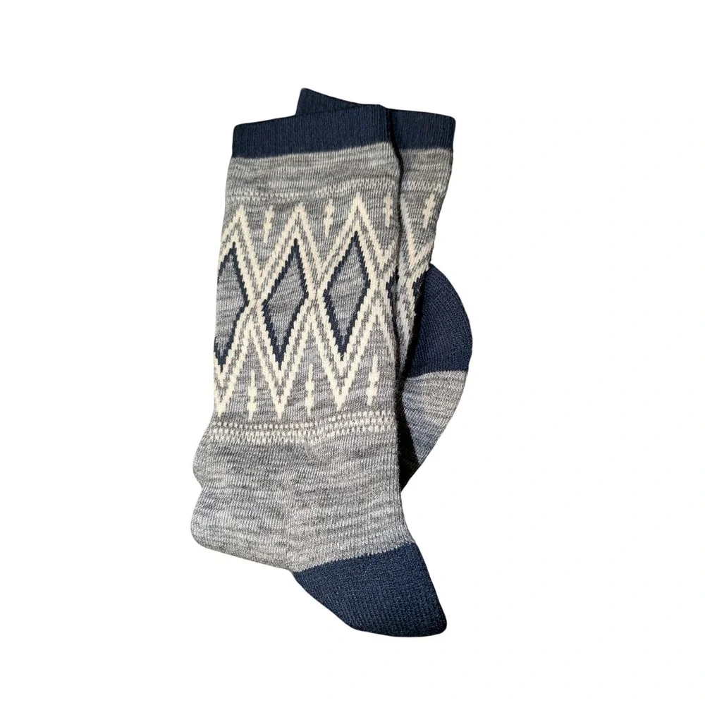 Womens Grey Navy Blue Geometric Knit Crew Socks Argyle Pattern Winter Boot Socks